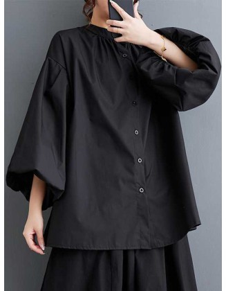 Buttoned Hollow Pleated Solid Color Loose Nine-Minute Sleeve Round-Neck Blouses&Shirts Tops