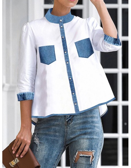 A-line High-low Buttoned Pockets Mock Neck Blouses&shirts Tops