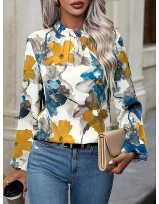 Elasticity Flower Print Pleated Long Sleeves Loose Mock Neck Blouses&Shirts Tops