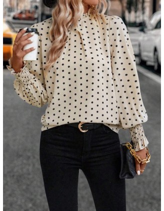 Elasticity Hollow Pleated Polka-Dot Long Sleeves Loose Mock Neck Blouses&Shirts Tops