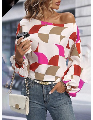 Asymmetric Elasticity Printed Long Sleeves Loose One-Shoulder Blouses&Shirts Tops