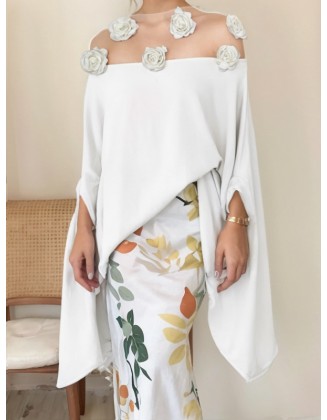 Batwing Sleeves Loose Floral See-Through Split-Joint Three-Dimensional Flower Round-Neck Blouses&Shirts Tops