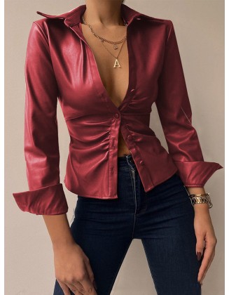 Buttoned Pleated Solid Color Long Sleeves Skinny Lapel Blouses&shirts Tops