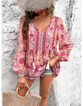 Buttoned Elasticity Flower Print Split-Joint Tasseled Long Sleeves Loose V-Neck Blouses&Shirts Tops