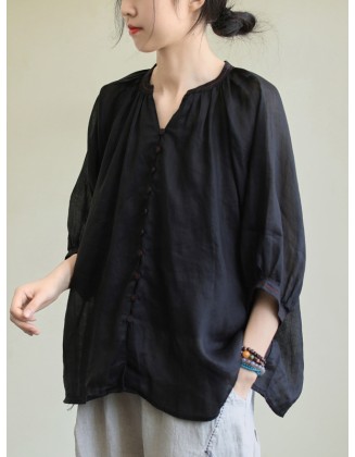 Black&Pink High-Low Half Sleeve Ramie Cotton Loose Shirt