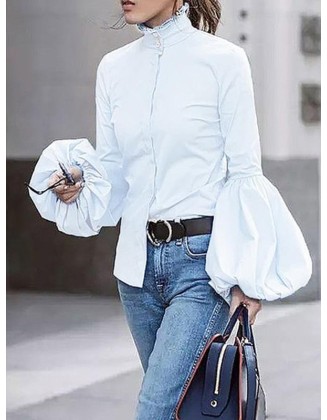 Urban Solid Color Stand Collar Puff Sleeves Blouse