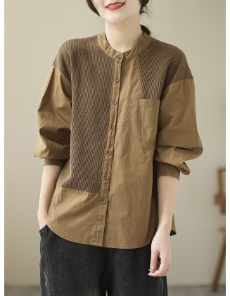 Asymmetric Buttoned Pockets Split-Joint Long Sleeves Loose Round-Neck Blouses&Shirts Tops