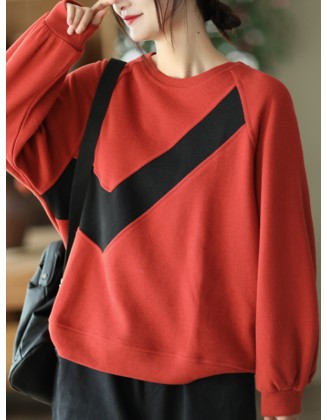 Original Loose Long Sleeves Contrast Color Split-Joint Round-Neck Hoodies&Sweatshirt Tops