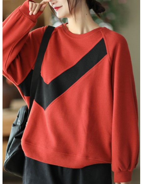 Original Loose Long Sleeves Contrast Color Split-Joint Round-Neck Hoodies&Sweatshirt Tops