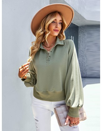 Simple Long Sleeves Loose Buttoned Solid Color Lapel Collar Hoodies&Sweatshirt Tops