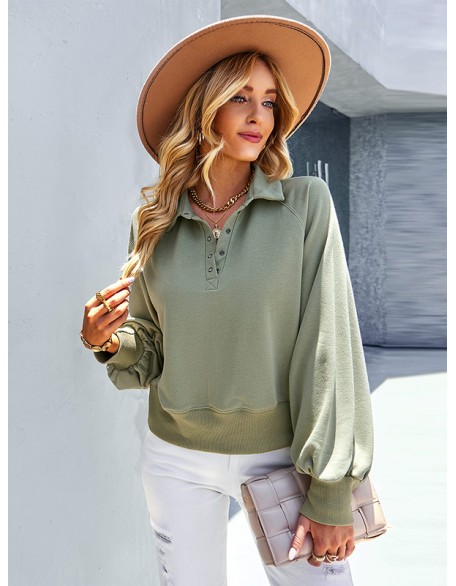 Simple Long Sleeves Loose Buttoned Solid Color Lapel Collar Hoodies&Sweatshirt Tops