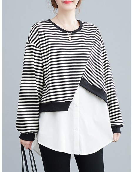 Original Long Sleeves False Two Striped Round-Neck Hoodies&Sweatshirt Tops