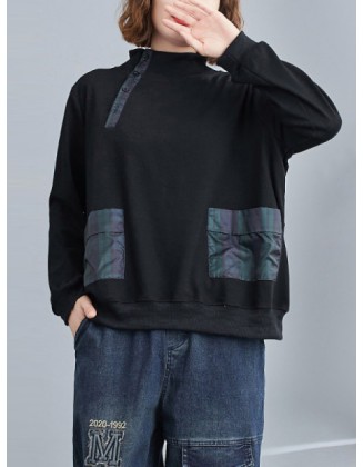 Simple Long Sleeves Loose Split-Joint Solid Color High-Neck Sweatshirt Tops