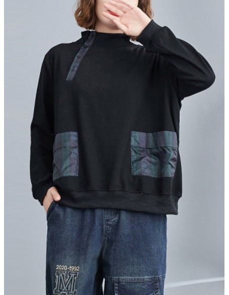 Simple Long Sleeves Loose Split-Joint Solid Color High-Neck Sweatshirt Tops