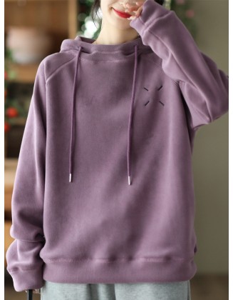 Simple Long Sleeves Loose Velvet Keep Warm Solid Color Hoodies Tops