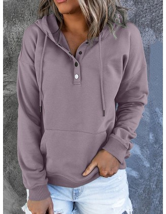 Drawstring Pockets Split-Joint Long Sleeves Loose Hooded Hoodies Tops