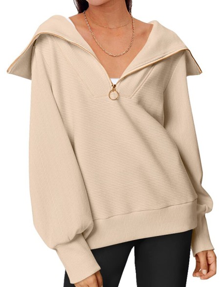 Solid Color Zipper Long Sleeves Loose Lapel Sweatshirt Tops