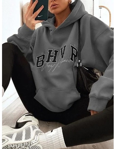 Keep Warm Letter Print Velvet Long Sleeves Loose Hooded Hoodies Tops