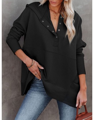 Buttoned Hooded Split-Joint Batwing Sleeves Long Sleeves V-Neck Hoodies Tops