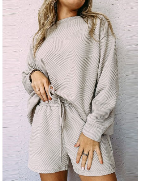 Round-Neck Long Sleeves Loose Solid Color Sweatshirt Top + Drawstring Shorts Bottom Two Pieces Set