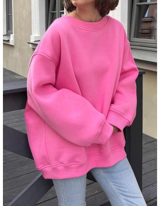 Solid Color Long Sleeves Loose Round-Neck Sweatshirt Tops