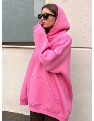 Pockets Solid Color Velvet Long Sleeves Loose Hooded Hoodies Tops