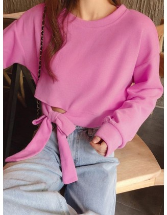 Asymmetric Bowknot Hollow Solid Color High Waisted Long Sleeves Round-Neck Sweatshirt Tops