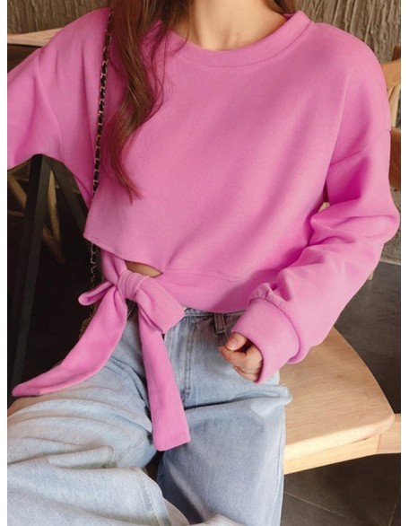 Asymmetric Bowknot Hollow Solid Color High Waisted Long Sleeves Round-Neck Sweatshirt Tops