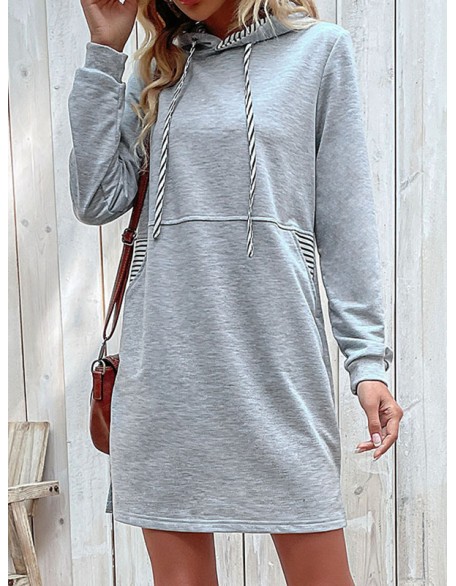 Drawstring Pockets A-line Long Sleeves Hooded Mini Dresses Hoodies Tops