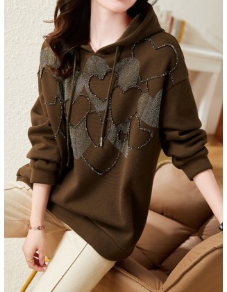 Drawstring Heart Print Rhine Stones Velvet Long Sleeves Loose Hoodies Tops