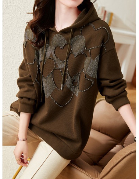 Drawstring Heart Print Rhine Stones Velvet Long Sleeves Loose Hoodies Tops