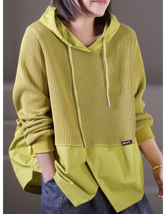 Drawstring Split-front Split-Joint Hooded Long Sleeves Hoodies Tops