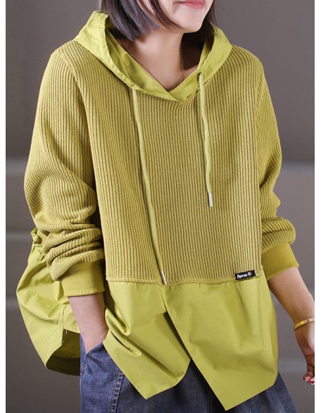 Drawstring Split-front Split-Joint Hooded Long Sleeves Hoodies Tops