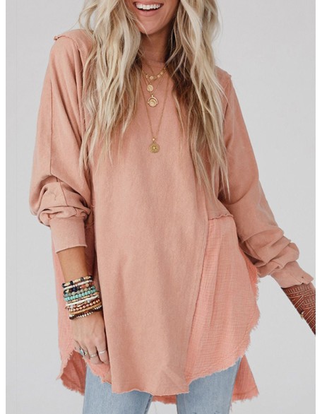 Fringed Split-Joint Split-Side High-Low Long Sleeves Round-Neck Sweatshirt Tops