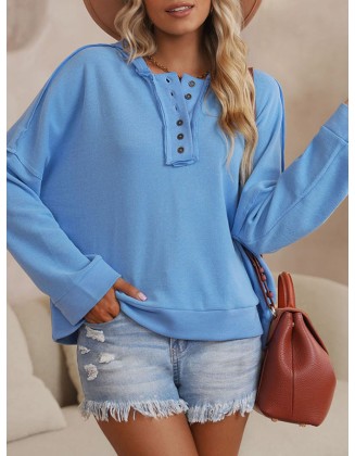 Buttoned Split-Joint Velvet Hooded Long Sleeves Sweatshirt Tops