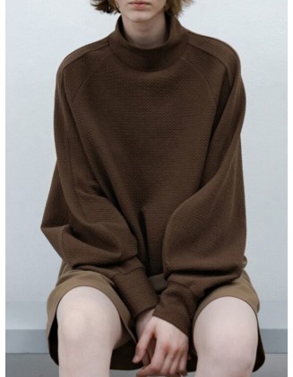 Solid Color Split-Joint Loose Puff Sleeves High Neck Sweatshirt Tops