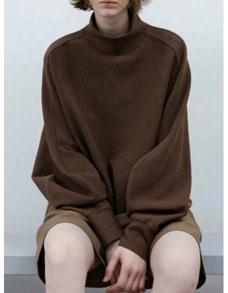 Solid Color Split-Joint Loose Puff Sleeves High Neck Sweatshirt Tops