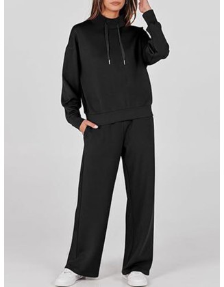 Drawstring Split-Joint High Waisted Long Sleeves Sweatshirt + Pants/Trousers Two Pieces Set