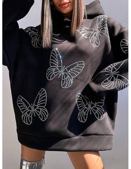 Butterfly Print Split-Joint Loose Puff Sleeves Hooded Hoodies Tops