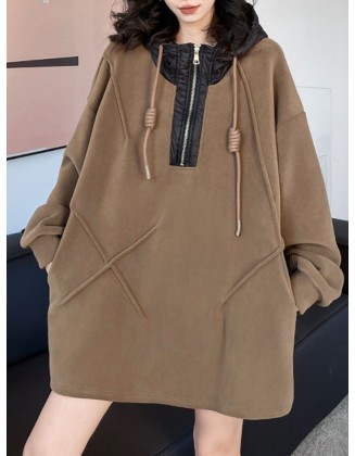 Buttoned Drawstring Split-Joint Velvet Hooded Long Sleeves Hoodies Tops