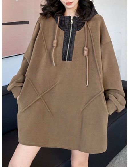 Buttoned Drawstring Split-Joint Velvet Hooded Long Sleeves Hoodies Tops