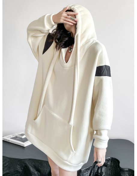 Contrast Color Drawstring Pockets Velvet Long Sleeves Loose Hoodies Tops