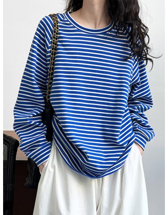 Contrast Color Striped Long Sleeves Loose Round-neck Sweatshirt Tops