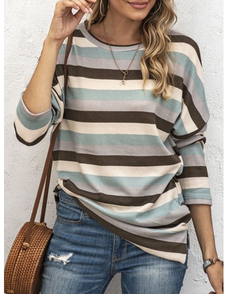 Split-side Striped Long Sleeves Loose Round-neck Sweatshirt Tops