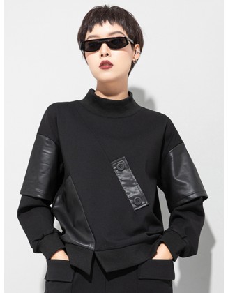 Thicken PU Split-Joint False-Two Asymmetric Sweatshirt