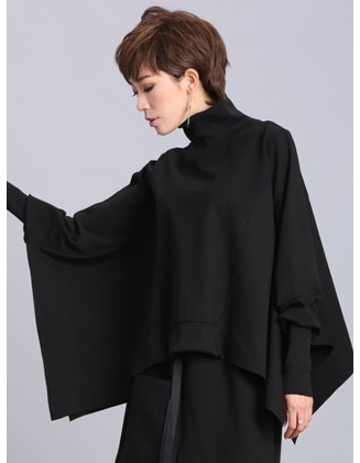 Solid Color Asymmetric High-Neck Loose Batwing Sleeve Sweatshirt