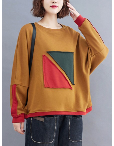 Artistic Retro Loose Triangle Applique Contrast Color Round-Neck Long Raglan Sleeves Sweatshirt