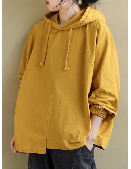 Artistic Retro Solid Color Split-Joint Hooded Long Sleeves Hoodies