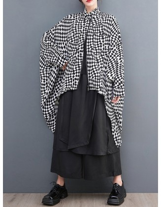 High-Low Loose Plaid Zipper Stand Collar Outerwear