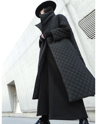 Black Rhombic Split-Side High Collar Long Coat